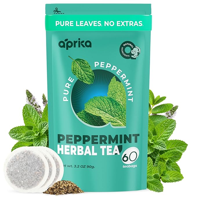 100% Pure Peppermint Tea - Only Mint Leaves without Stems, Peppermint Tea Bags, Caffeine-Free Tea Bags, 60 count, by Aprika Life
