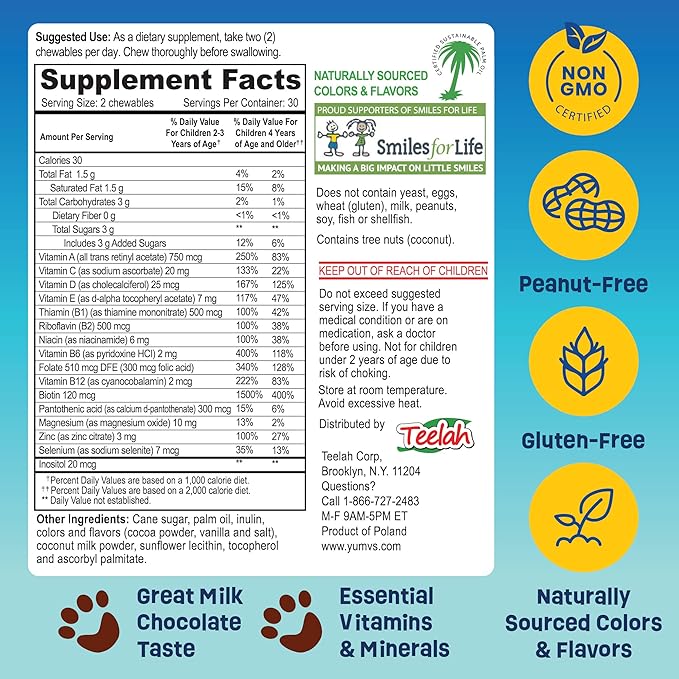 YUM-V'S - Kids Multivitamin Chewable Chocolate Bears - Multivitamin for Kids Supplement - 16 Vitamins & Minerals - Vitamins Including D, Zinc, C, B Complex & More, 60 Count Pack of 1