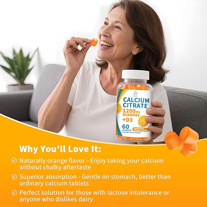 (2 Pack) Calcium Citrate 1200 mg Gummies with Vitamin D3, High Absorption Calcium Supplements for Women & Men, Sugar Free, Non-GMO, Gluten Free, Supports Muscle & Immune - Orange Flavor