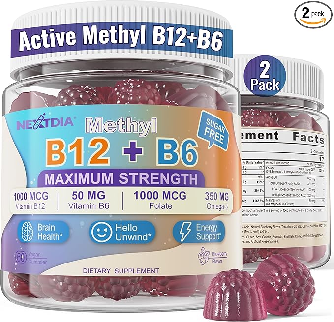 3-in-1 Methylated B Complex + Omega-3 Gummies With Vitamin B12 1000 mcg + Methylfolate 1000 mcg, B6 Vitamins for Energy, Mood & Brain - Sugar Free B Complex Vitamins for Women, Men, Vegan, 2 Pack
