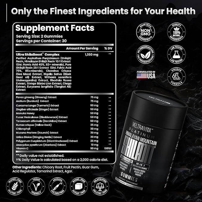 28000 mg, 23-in-1, Himalayan Shilajit for Men, Ashwagandha Gummies Platinum, Irish Sea Moss Gel, Black Seed Oil, Manuka Honey Medical Grade, Tongkat Ali, Rhodiola Rosea, No Sugar, Lab Test