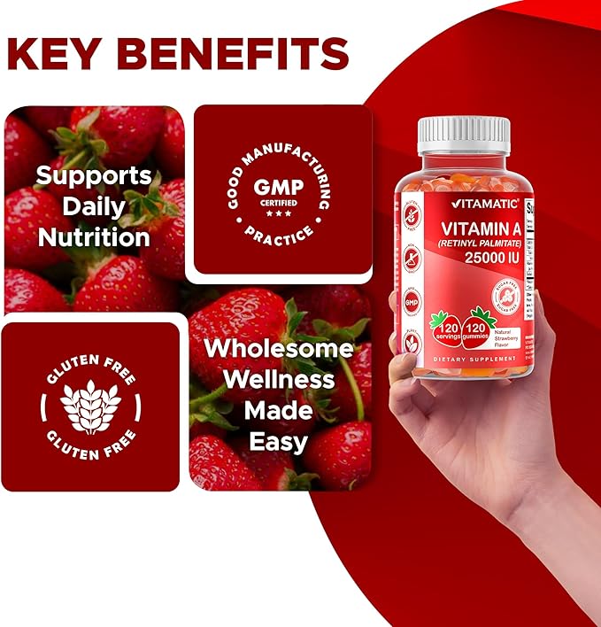 Vitamatic Sugar Free Vitamin A 25000 IU Gummies (Retinyl Palmitate) - Natural Strawberry Flavor - 120 Pectin Based Gummies (1 Bottle)
