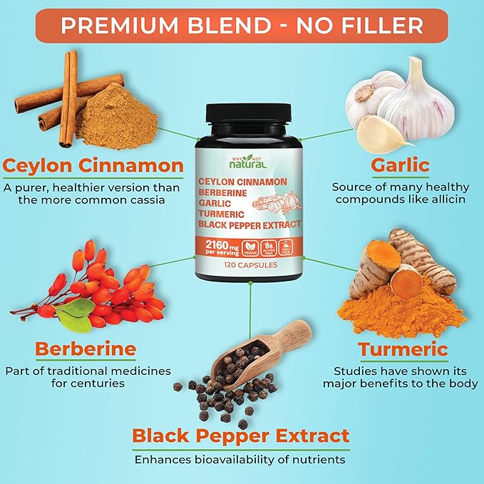 5-in-1 Organic Ceylon Cinnamon Capsules with Berberine, Garlic, Turmeric, Black Pepper Extract Pills