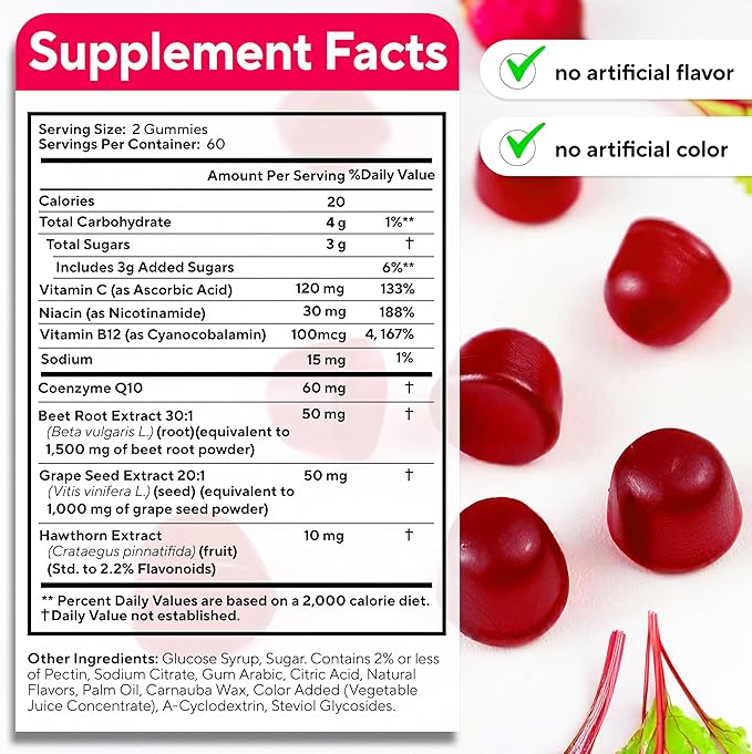 Beet Root Gummies – Nitric Oxide Beets Supplements – with CoQ10, Grape Seed, Vitamin C, B12 & B3 – 120 Beets Chews