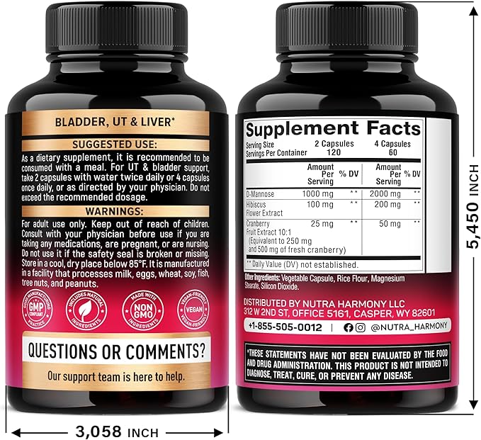 D-Mannose 2000mg with Cranberry & Hibiscus - Clinically Tested Strength for Urinary Tract Health - Supplement for Women - Bladder, Liver & Microflora Support - Made in USA - Vegan, 240 Capsules