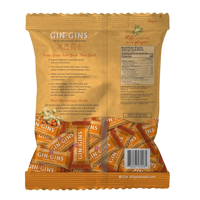 GIN GINS Mandarin Orange Ginger Chews – Natural Fresh Ginger Candy by The Ginger People – Individually Wrapped Healthy Candy – Mandarin Orange Flavor – Large 1 lb Bag (16oz) – Pack of 1