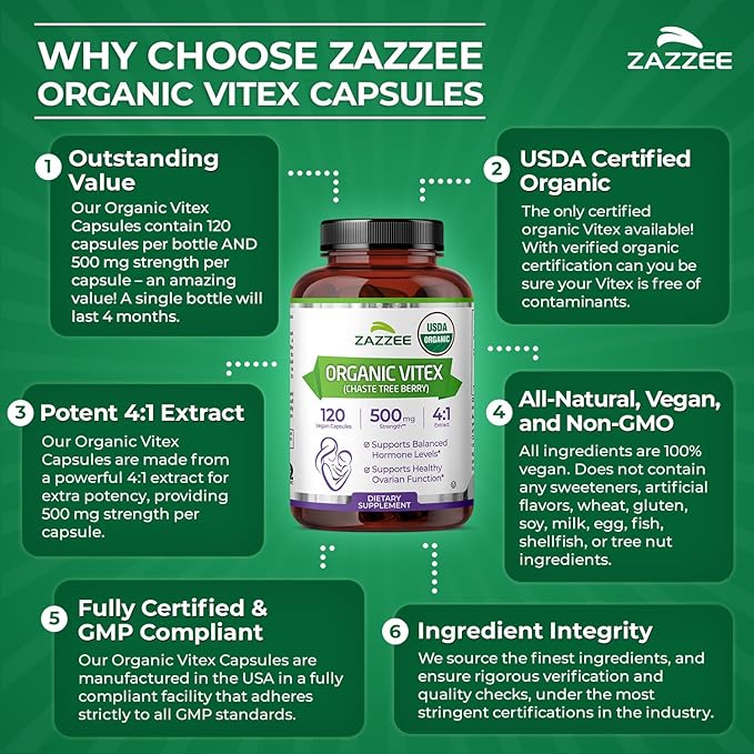 Zazzee USDA Organic Vitex, 500 mg Strength, 120 Vegan Capsules, 4 Month Supply, Kosher, Standardized and Concentrated 4X Extract, Whole USDA Certified Organic Chaste Berry, All-Natural and Non-GMO