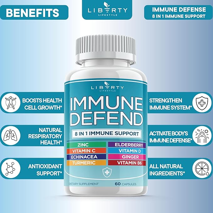 8 in 1 Immune Defense Support, Immunity Vitamins Supplement Booster with Zinc 50mg, Vitamin C Elderberry VIT D3 5000 IU, Turmeric Curcumin & Ginger, Echinacea - Allergy Relief for Kids Adults