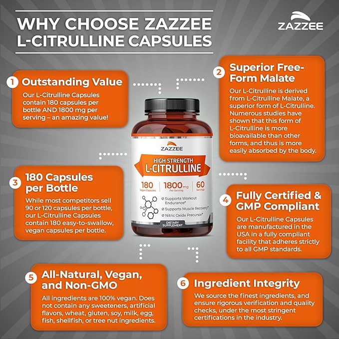 Zazzee High Strength L-Citrulline Malate, 1800 mg per Serving, 180 Vegan Capsules, 60 Day Supply, High Absorption with Superior Free-Form Malate, 100% Vegetarian, All-Natural and Non-GMO