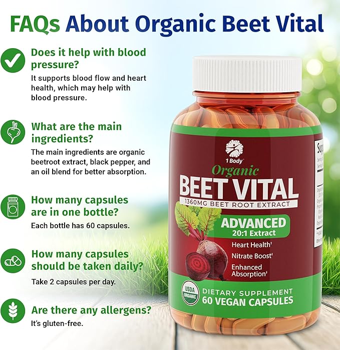 1 Body Beet Vital, Organic Beetroot Capsules for Circulation, Energy, & Stamina, Nitric Oxide Booster Beets Supplements with 1360mg Beetroot Extract, Vegan, Non-GMO - Beet Root Supplements, 60 Count