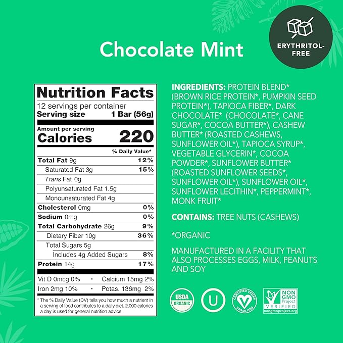 ALOHA Organic Plant Based Protein Bars, Chocolate Mint, 1.98 Oz (Pack of 12)