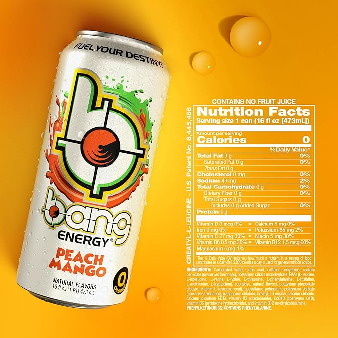 Bang Energy Peach Mango, Sugar-Free Energy Drink, 16-Ounce | Pack of 12