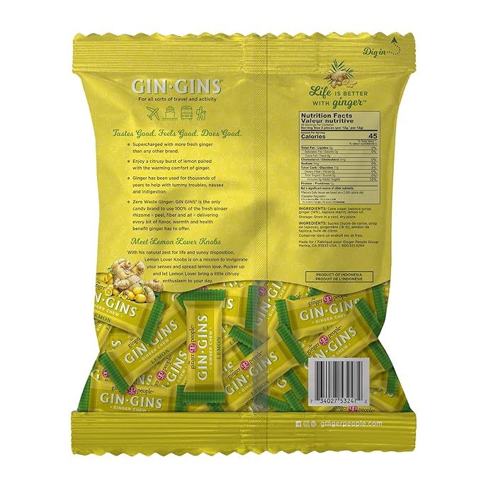 GIN GINS Lemon Ginger Chews – Natural Fresh Ginger Candy by The Ginger People – Individually Wrapped Healthy Candy – Lemon Flavor – Large 1 lb Bag (16oz) – Pack of 1