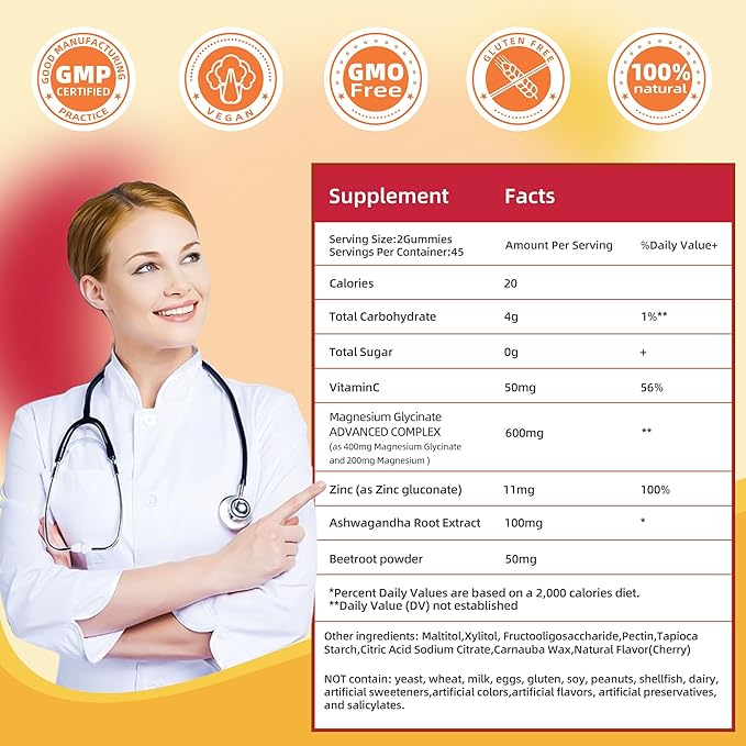 90 Count Magnesium Glycinate Gummies 400mg w/Ashwagandha Supplement - Sugar Free Zinc Magnesium Glycinate Supplement Ashwagandha Gummies for Adults Orange Flavor