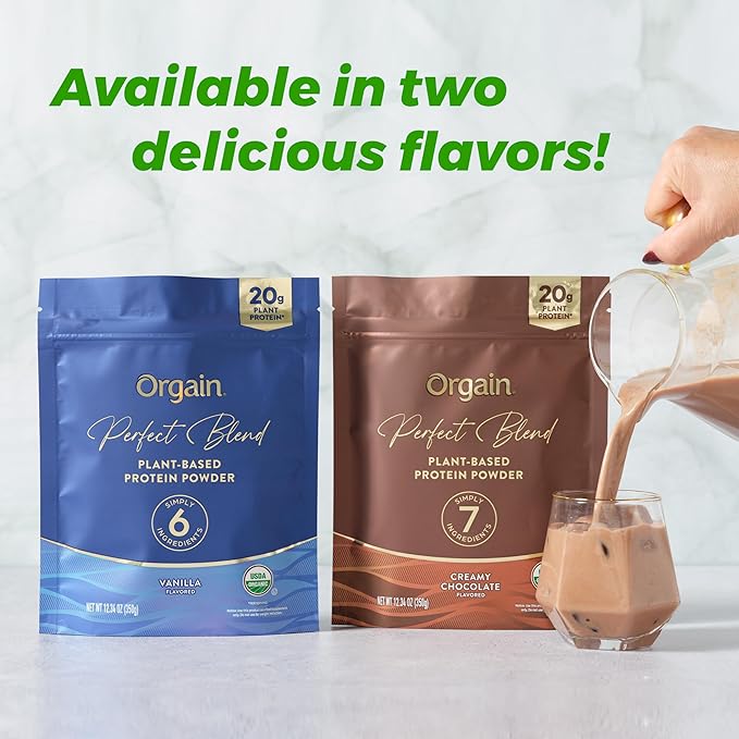 Orgain Organic Vegan Perfect Blend Protein Powder, 20g Clean Plant Protein, 7 Ingredients, <1g Sugar, Gluten Free, Non-GMO; No Artificial Flavors, Stevia Extract, Dairy or Soy Ingredients- Chocolate