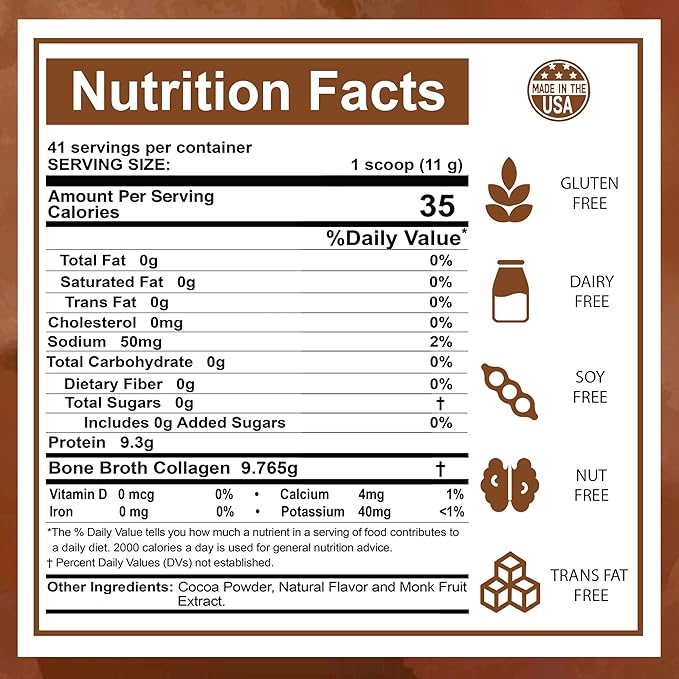 Zammex Bone Broth Protein Powder, Pure Grass Fed Beef, Chocolate Protein Powder,Hydrolyzed Collagen Supplement for Healthy Skin,Nails,Hair,Joints, Non-GMO,Gluten Free, Great in Shakes