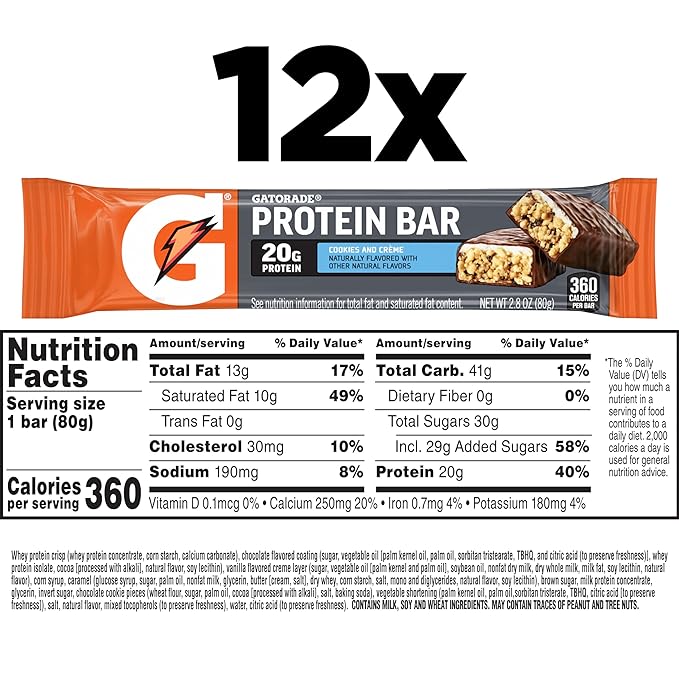 Gatorade Whey Protein Bars, Cookies & Crème, 2.8 oz bars (Pack of 12, 20g of protein per bar)