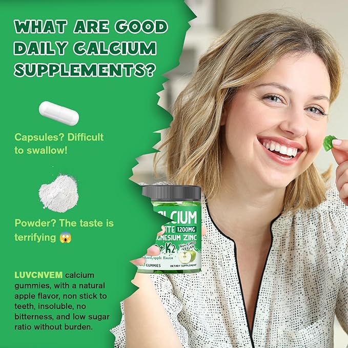 (2 Pack) Calcium Citrate 1200 mg with Vitamin D3 Gummies for Women & Men, Calcium Magnesium Zinc with Vitamin D3 K2 Supplement for Bone & Teeth Support, Natural Apple Flavor - 60 Day Vegan Supply