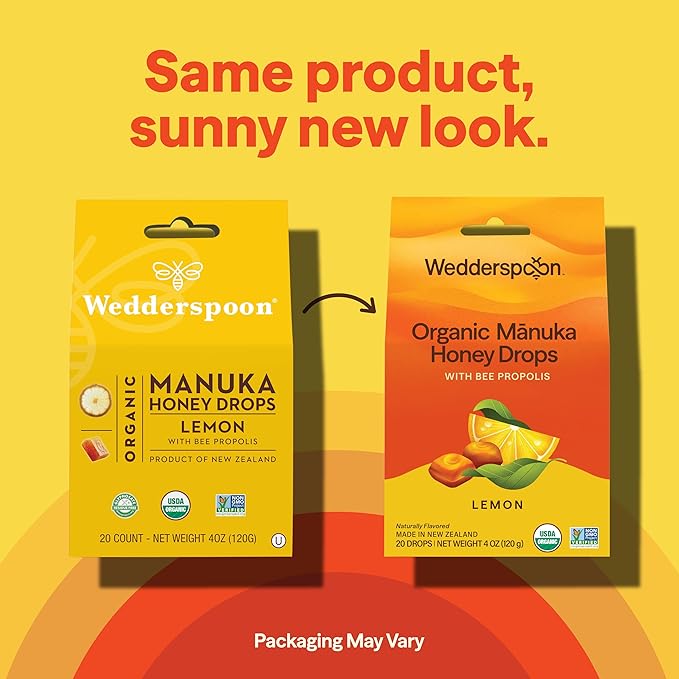 Wedderspoon Organic Manuka Honey Drops, Lemon & Bee Propolis, 20 Count (Pack of 1) | Genuine New Zealand Honey | Perfect Remedy For Dry Throats