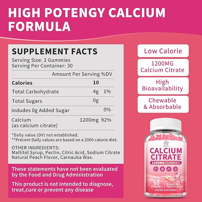 (3 Pack) Calcium Citrate Gummies 1200 mg for Adults, High Absorption Calcium Supplement for Women & Men, Sugar Free, Non-GMO, Gluten Free, Supports Muscle & Immune - Natural Peach Flavor