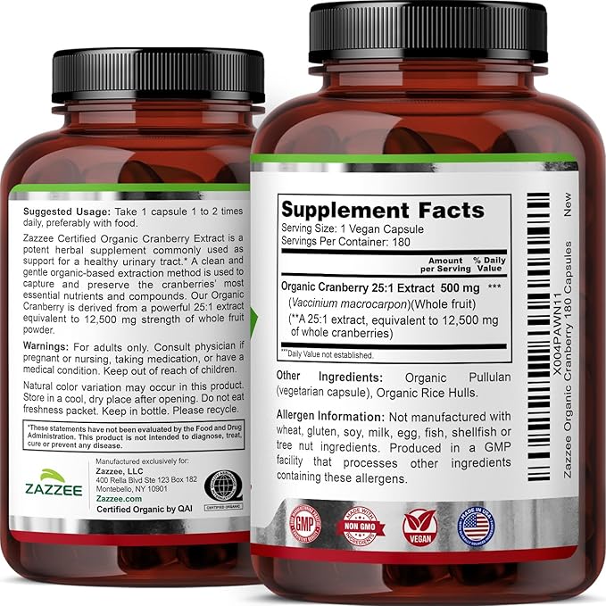Zazzee USDA Organic Cranberry 25:1 Extract, 500 mg per Capsule, 180 Vegan Capsules, 6 Month Supply, Standardized, Concentrated 25X Extract, 100% Vegetarian, Certified Organic, Non-GMO All-Natural