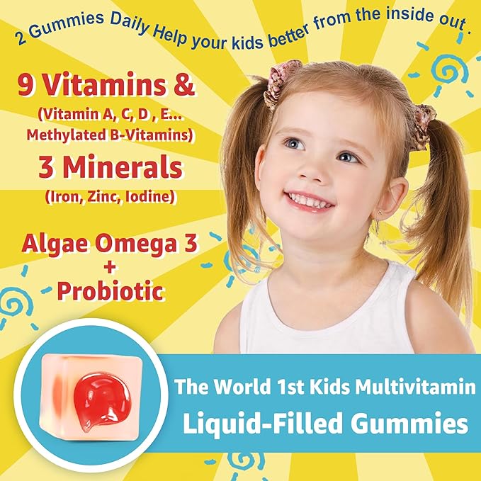 (2 Pack) Kids Multivitamin Gummies with Iron, Sugar Free, Kids Daily Vitamins + Probiotics, Algae Omega 3 (EPA/DHA), A, C, D, Methyl B12, Folate, B6, Zinc, Biotin, for Healthy Growth, Immune Support