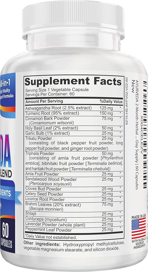 2-Month AYURVEDA Supplements (17-in-1 Blend) Premium Ayurvedic Herbs | Health & Wellness Booster Support Supplement | Strong Mind, Body & Spirit | Ayurveda Products | 60-Day Bulk Supply | 60 Capsules
