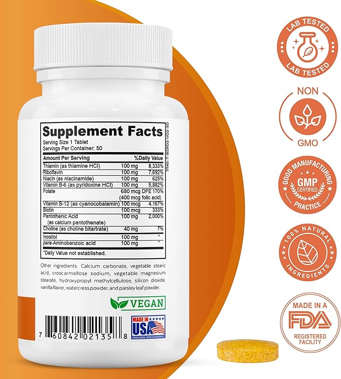 Super B-100 Complex - High Potency B Vitamin Complex with B-6, B-12, Folate, Niacin, Biotin, Choline, Inositol and PABA for Energy, Metabolism, Brain and Nerve Support