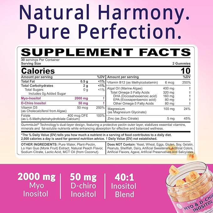 2 Pack Myo-Inositol & D-Chiro Inositol, Hormone Balance for Women | Sugar Free Inositol Gummies w/Omega 3, MTHF Folate, Vitamin D3, B12, Magnesium & Zinc for Ovarian Health, Ideal 40:1 Ratio, Vegan