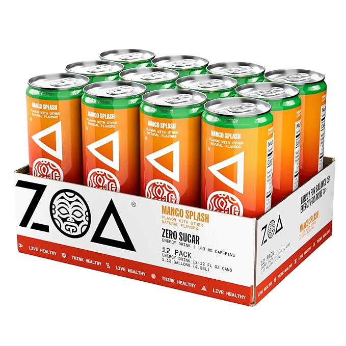ZOA Zero Sugar Energy Drinks, Mango Splash - Sugar Free with Electrolytes, Healthy Vitamin C, Amino Acids, Essential B-Vitamins, and Caffeine from Green Tea - 12 Fl Oz (Pack of 12)
