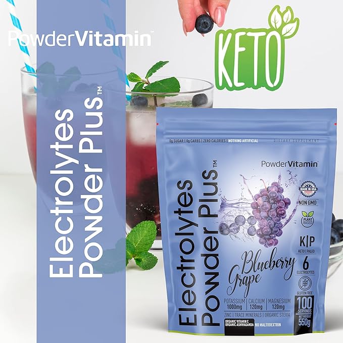 Electrolytes Powder Plus (100 Servings) Blueberry Grape Electrolyte Powder Sugar Free, Keto, 0 Sugar, No Maltodextrin, 1000mg Potassium,120mg Calcium,120mg Magnesium, Hydration