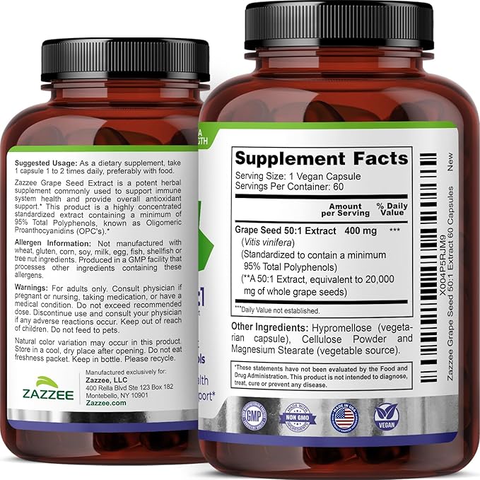 Zazzee High Strength Grape Seed 50:1 Extract, 60 Vegan Capsules, 95% Polyphenols, 400 mg per Capsule, 2 Month Supply, Standardized and Concentrated 50X Extract, Non-GMO, Made in The USA