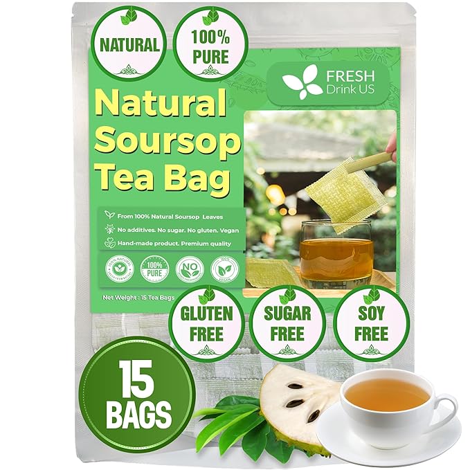 FreshDrinkUS, 15 Premium Soursop Graviola Leaf Tea Bags, 100% Natural and Pure from Soursop Leaves, Handmade, Made With Natural Materials-Corn Fiber Tea Bag, Sugar/ Caffeine/ Gluten Free, Hoja Guanabana Tea