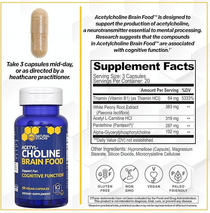 Acetylcholine Brain Food - Acetyl L-Carnitine & Alpha GPC Supplement - Supports Production of Acetylcholine - Neurotransmitter Supplement for Cognitive Function - 60 Capsules