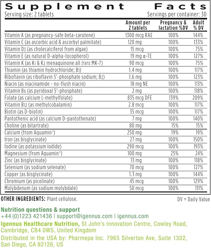 Igennus Methylated Prenatal Multivitamin for Women, Folate for MTHFR, High Absorption, Pure & Clean, Gentle Iron, Choline, Calcium & Magnesium, Vegan Pregnancy Vitamins, Halal, Non-GMO, 60 Tablets x 6