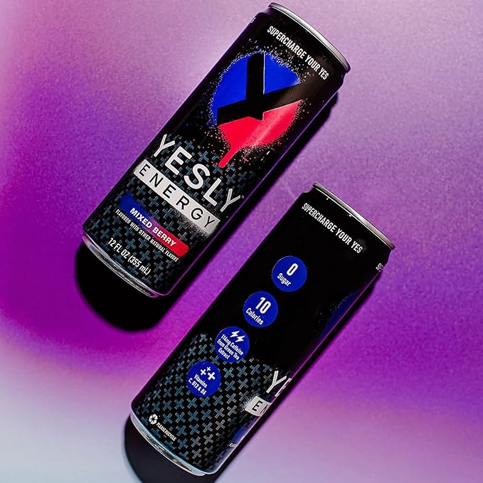 Yesly Energy Drink, Mixed Berry, Naturally Flavored Sparkling Energy Drink With Electrolytes, Magnesium, Potassium, Vitamin C, B6 & B12, Natural Caffeine From Green Tea, 12 Fl Oz Cans, 12 Pack