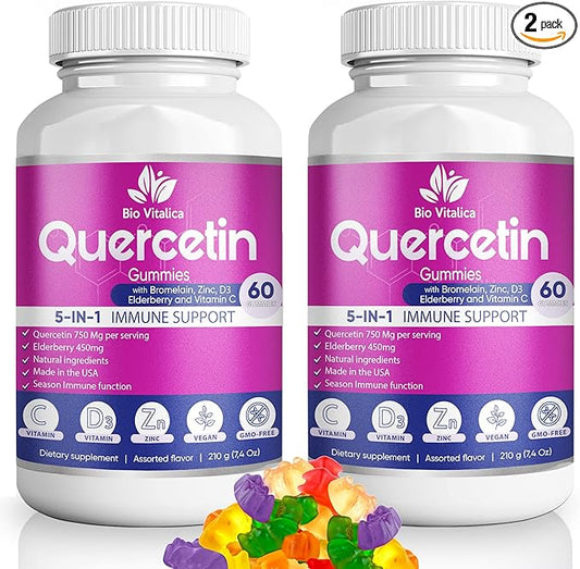 (2 Pack) Quercetin Gummies by BioVitalica - Quercetin with Bromelain Vitamin C and Zinc & Elderberry + Vitamin D3-5 in 1 Immune Support - Zinc Quercetin 750 mg for Kids and Adults