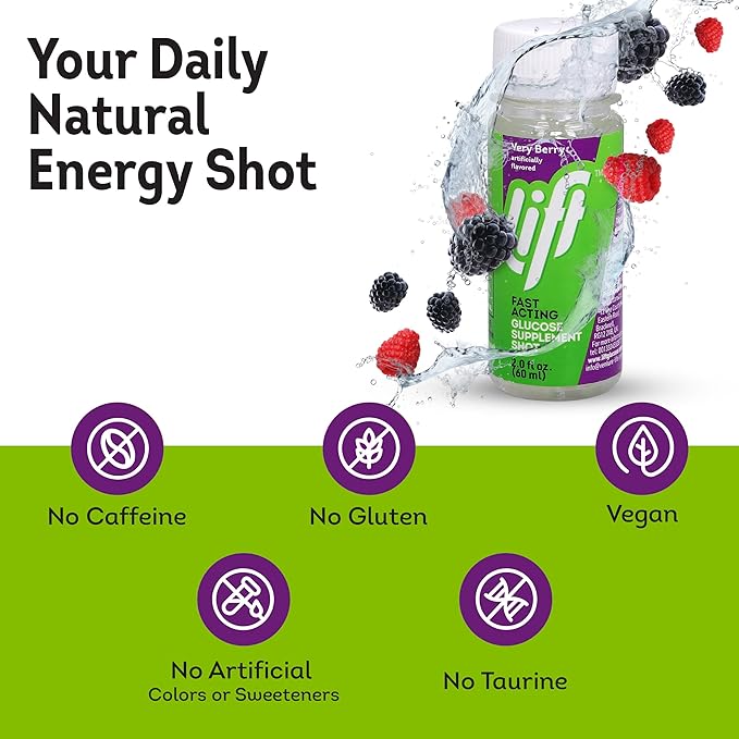 Lift Glucose Fast-Acting Glucose Energy Juice Shots, Very Berry, Caffeine-free, 2.0 fl oz Bottles (Pack of 12)