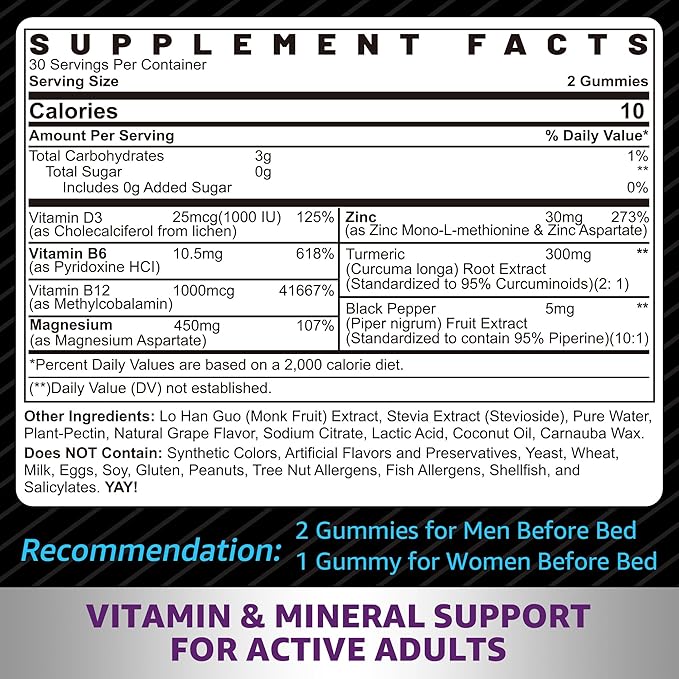 Zinc and Magnesium Supplement, Zinc Magnesium Aspartate Post Workout Gummies for Men Women, with Vitamin B6, B12, D3, Turmeric for Nighttime Recovery, Reduce Fatigue, Boost Immunity & Sleep, 60 Count