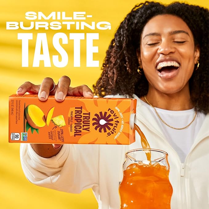 Revl Fruits 100% Juice, No Added Sugar, Pineapple Mango, Truly Tropical, 32 fl oz. Carton