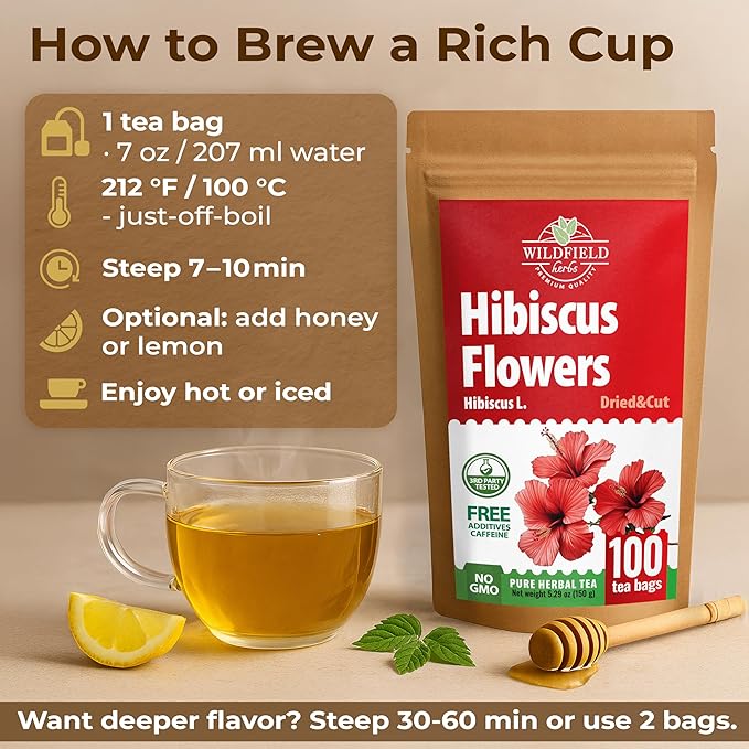 100 Bags Dried Hibiscus Flower Tea Herbal Flor De Jamaica (Hibiscus) - 100 Count 1.5g Tea Bags Dried Flowers Herb Hibisko