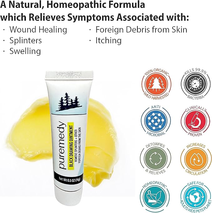 Puremedy Black Drawing Ointment- Natural Drawing Salve for Wounds, Burns, Cysts, and Skin Irritations - Organic First Aid Ointment for Adults, Kids, and Pets (0.5 oz)