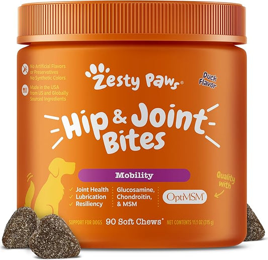 Zesty Paws Hip and Joint Supplement for Dogs - Glucosamine with Chondroitin, MSM, Vitamins C and E Dog Joint Relief - Mobility Bites Duck – 90 Count