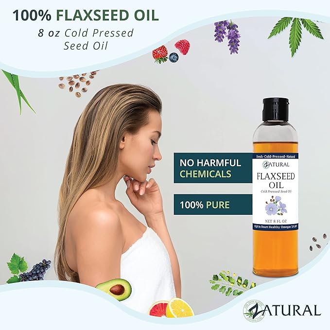 Zatural Flaxseed Oil Organically Grown 100% Pure Flax Seeds Cold Pressed Vegan Omega Fatty Acids (8oz)