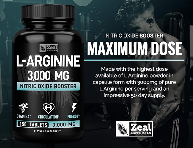 Zeal Naturals L Arginine 3000mg Capsules (150 Tablets | 1000mg) Maximum Dose L-Arginine Nitric Oxide Supplement for Supporting Muscle Growth, Vascular Function and Energy - Nitric Oxide Booster