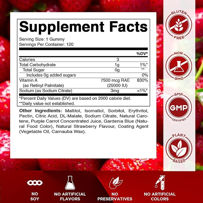 Vitamatic Sugar Free Vitamin A 25000 IU Gummies (Retinyl Palmitate) - Natural Strawberry Flavor - 120 Pectin Based Gummies (1 Bottle)