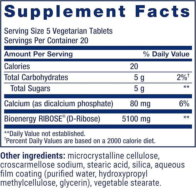 Life Extension D-Ribose Tablets, plus calcium, helps maintain healthy energy levels in heart and muscle, encourages the production of ATP, gluten-free, non-GMO, vegan, 100 vegetarian tablets