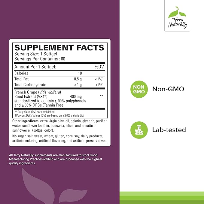 Terry Naturally Clinical OPC Extra Strength - Cardiovascular Health & Focus Support - Supplement with Grape Seed Extract - Immune Support Supplement - 60 Softgels (Pack of 2)