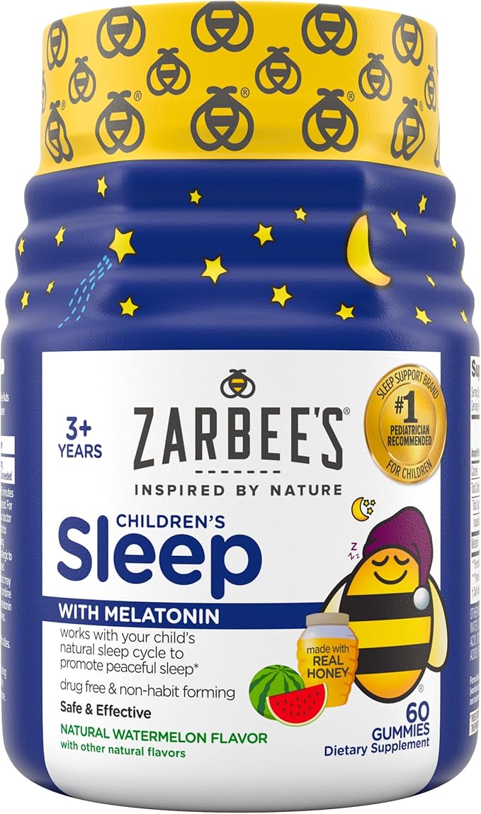 Zarbee's Kids Melatonin Gummy, 1mg Childrens Sleep Aid Supplement, Drug-Free & Effective Sleep Supplement for Children Ages 3 and Up, Non-Habit Forming, Natural Watermelon Flavor, 60 Gummies