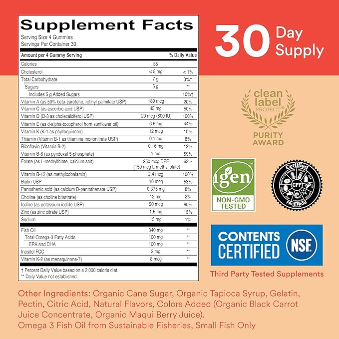 SmartyPants Kids Multivitamin Gummies: Omega 3 Fish Oil (EPA/DHA), Vitamin D3, C, Vitamin B12, B6, A, K & Zinc for Immune Support, Biotin, Grape, Cherry & Berry Flavors, 120 Count (30 Day Supply)